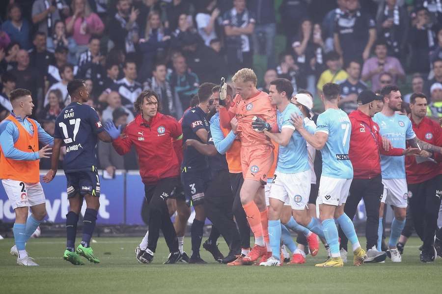 A huge pitch invasion occurred during the Melbourne derby