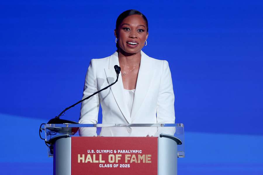 Allyson Felix addresses the crowd during the 2025 US Olympic & Paralympic Hall of Fame Induction Ceremony