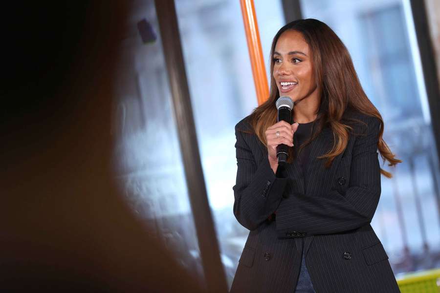 Alex Scott speaking at the Women's Champions League's official launch in London