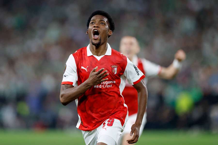 Braga's Jean-Baptiste Gorby celebrates scoring their fourth goal against Betis