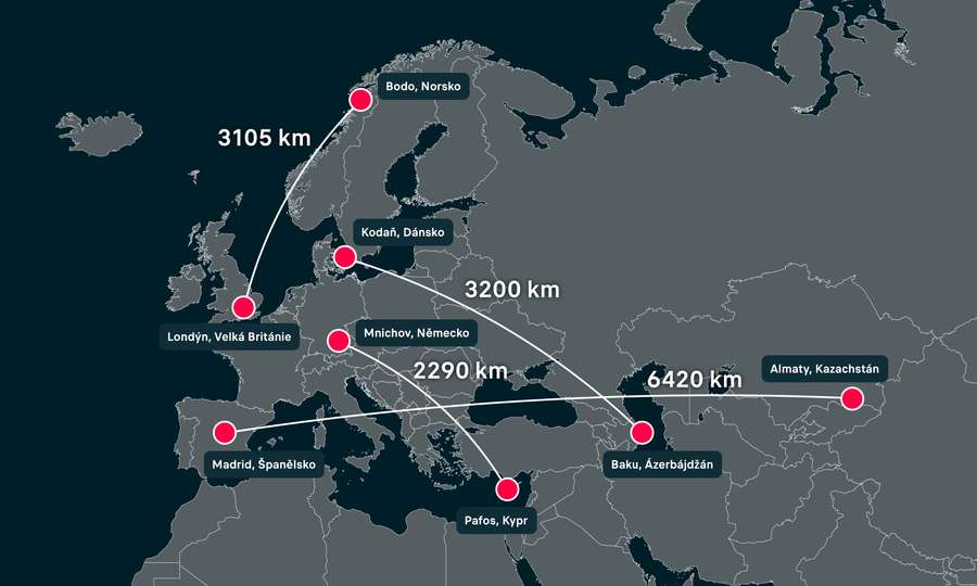 Mapa vzdáleností ve druhém kole ligové fáze Ligy mistrů.