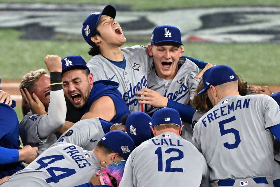 Shohei Ohtani and his Dodgers teammates celebrate after their win against the Blue Jays in Game Seven of the 2025 World Series