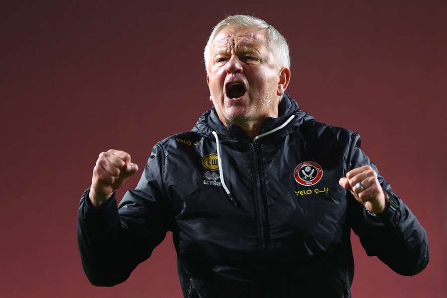 Chris Wilder, manager of Sheffield United, celebrates after the match