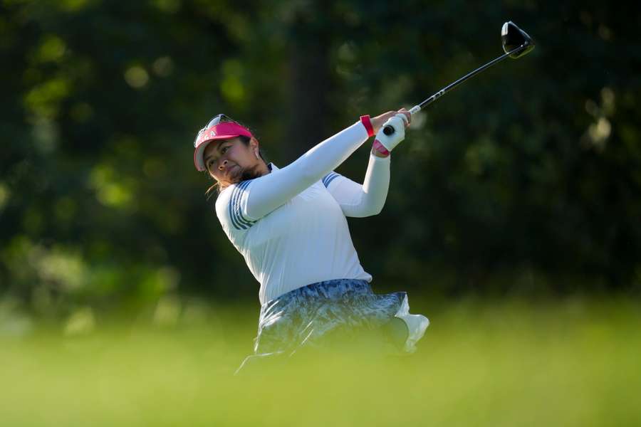 Lilia Vu of Team USA plays her shot from the fifth tee during Foursomes matches against Team Europe during the second round of the Solheim Cup