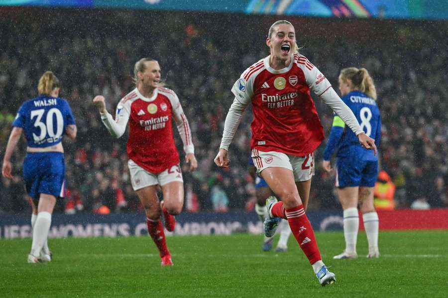 Alessia Russo celebrates her goal for Arsenal during the Women's Champions League victory over Chelsea.