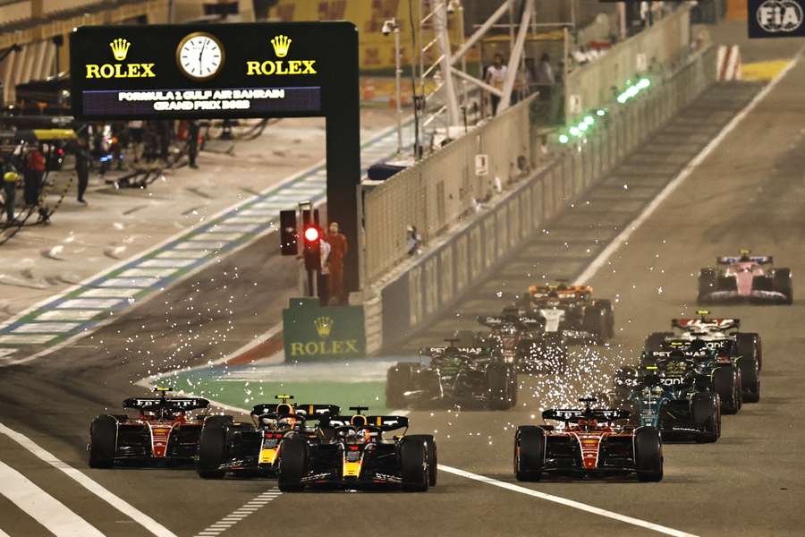 Max Verstappen, Charles Leclerc, ergio Perez and Carlos Sainz Jr. in action at the start of the race