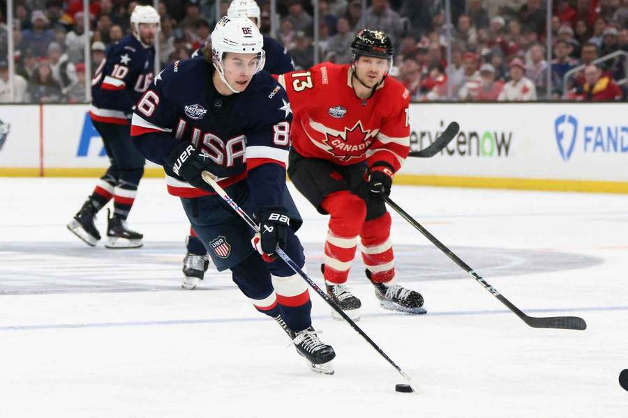 Jack Hughes handles the puck for Team USA during the 4 Nations Face-Off Jack Hughes handles the puck for Team USA during the 4 Nations Face-Off