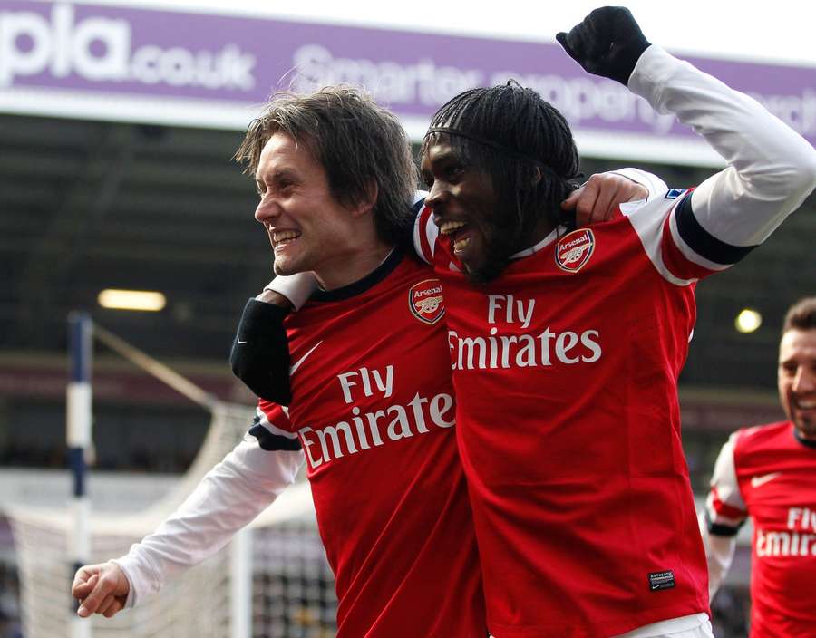 Gervinho and Tomas Rosicky celebrate an Arsenal goal. Gervinho and Tomas Rosicky celebrate an Arsenal goal.