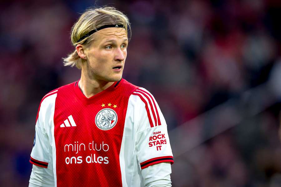 Ajax's Kasper Dolberg during the Eredivisie game against Go Ahead Eagles