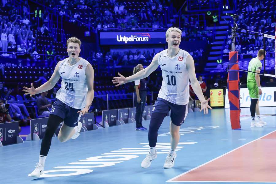 Nooa Marttila and Luka Marttila celebrate Finland securing victory over Slovenia