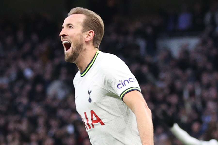 Tottenham's Harry Kane celebrates after scoring his team's first goal against Manchester City