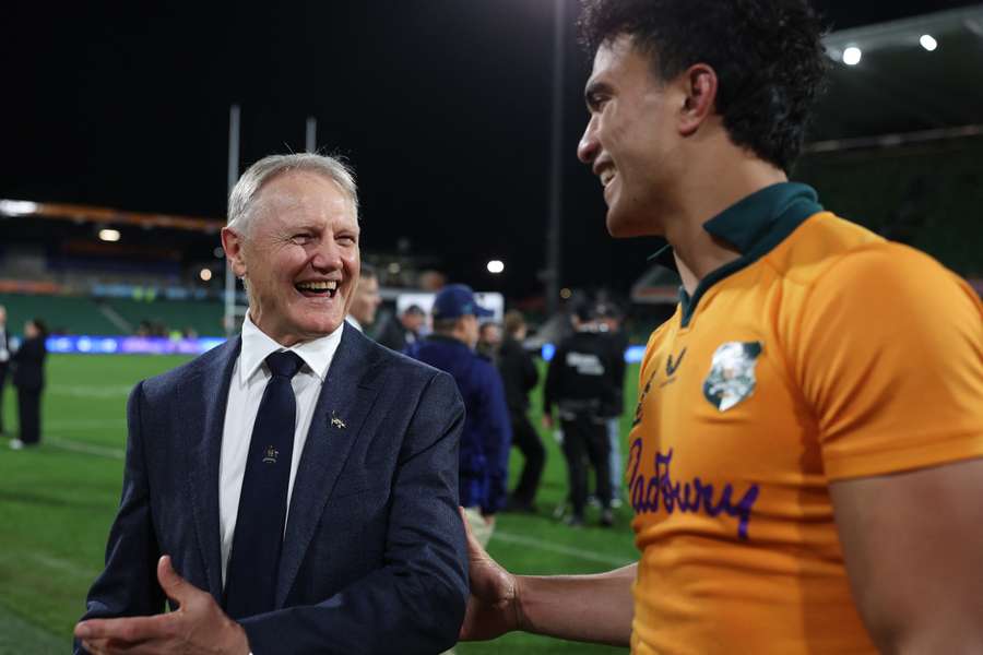 Joe Schmidt and Joseph-Aukuso Suaalii share a smile in Perth on Saturday night. Joe Schmidt and Joseph-Aukuso Suaalii share a smile in Perth on Saturday night.