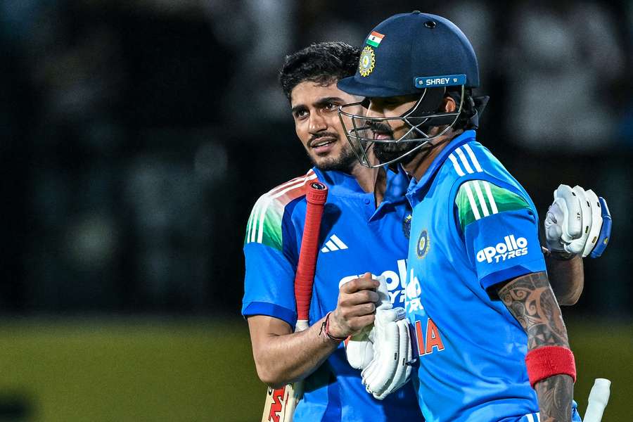 India's captain Shubman Gill (left) and his teammate KL Rahul celebrate their win against Afghanistan India's captain Shubman Gill (left) and his teammate KL Rahul celebrate their win against Afghanistan