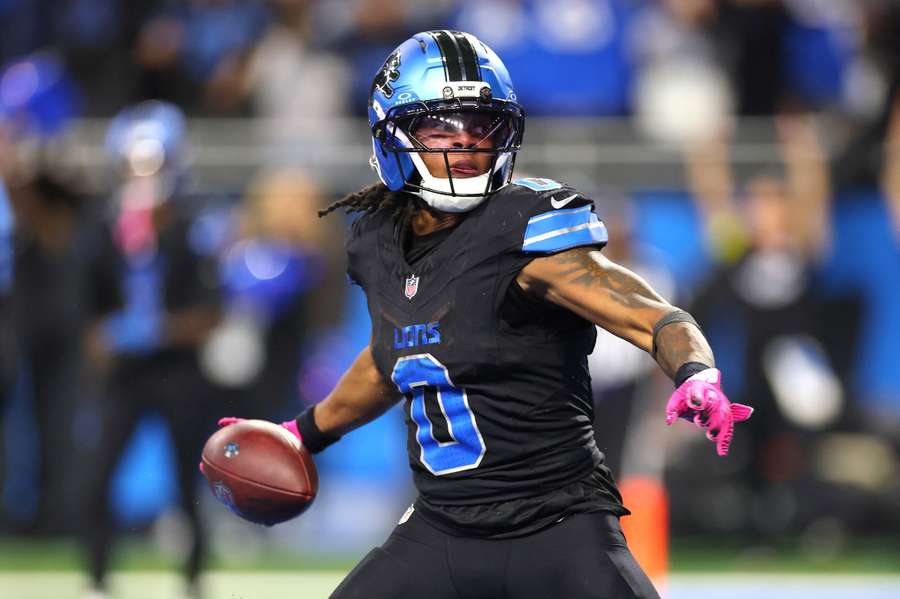 Detroit Lions' Jahmyr Gibbs celebrates after a touchdown in Week 7 against the Tampa Bay Buccaneers