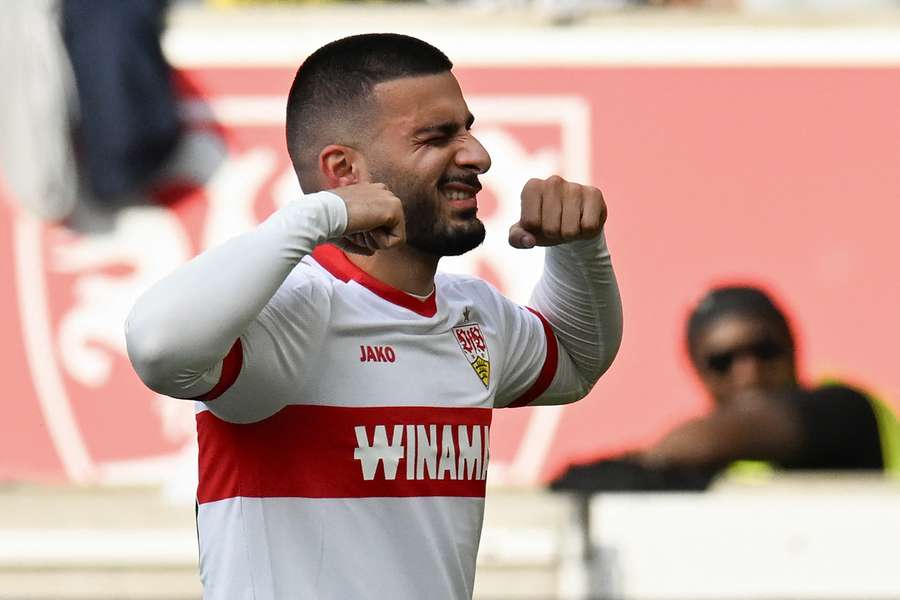 Stuttgart's German forward Deniz Undav celebrates after scoring against Dortmund