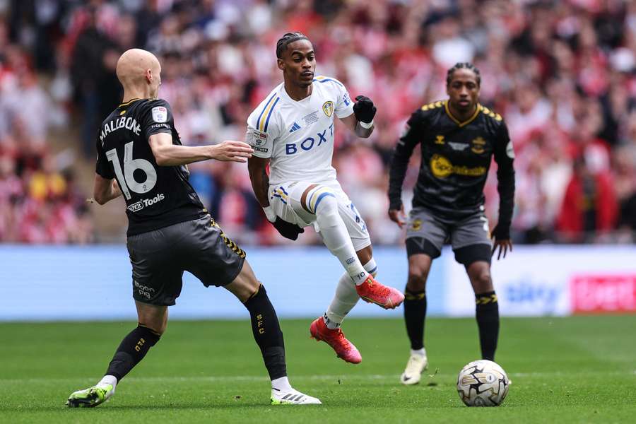 Leeds United forward Crysencio Summerville (C) during the Championship playoff final