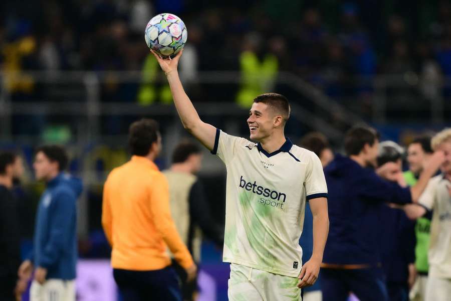 Nicolo Tresoldi with the match ball after his star turn for Club Brugge Nicolo Tresoldi with the match ball after his star turn for Club Brugge