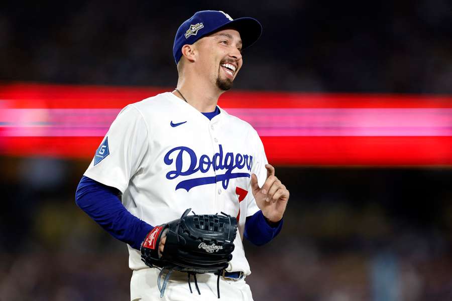 Dodgers pitcher Blake Snell smiles during 2025 Wild Card round against the Cincinnati Reds