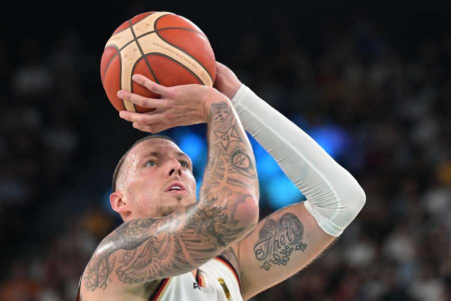 Daniel Theis shooting a free throw for Germany during the 2024 Summer Olympics in Paris 