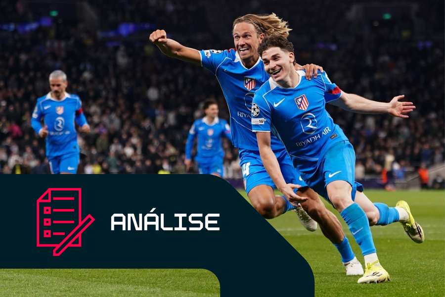 Julián Alvarez, do Atlético de Madrid, comemora o golo marcado contra o Tottenham