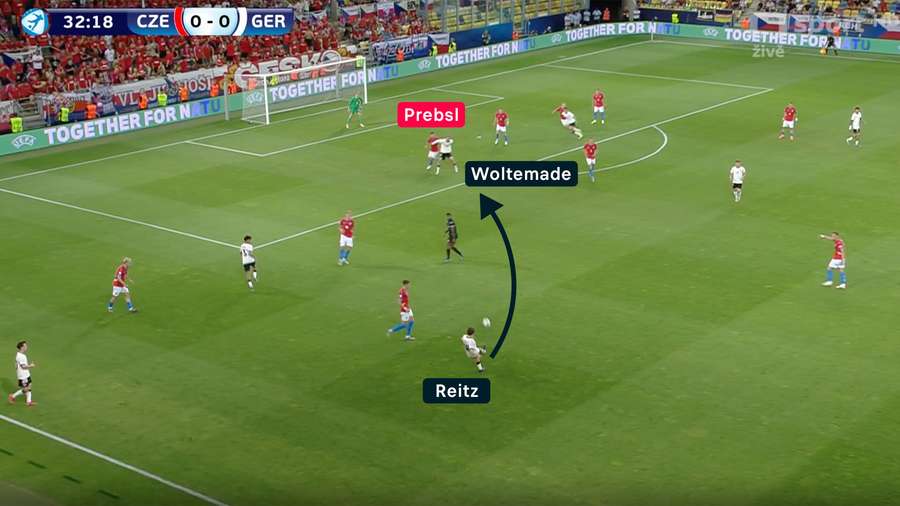 Reitz přihrává Woltemademu, i když je pod tlakem českého stopera Prebsla.