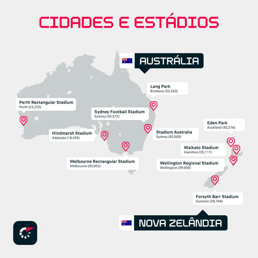 O mapa com as sedes da Copa Feminina