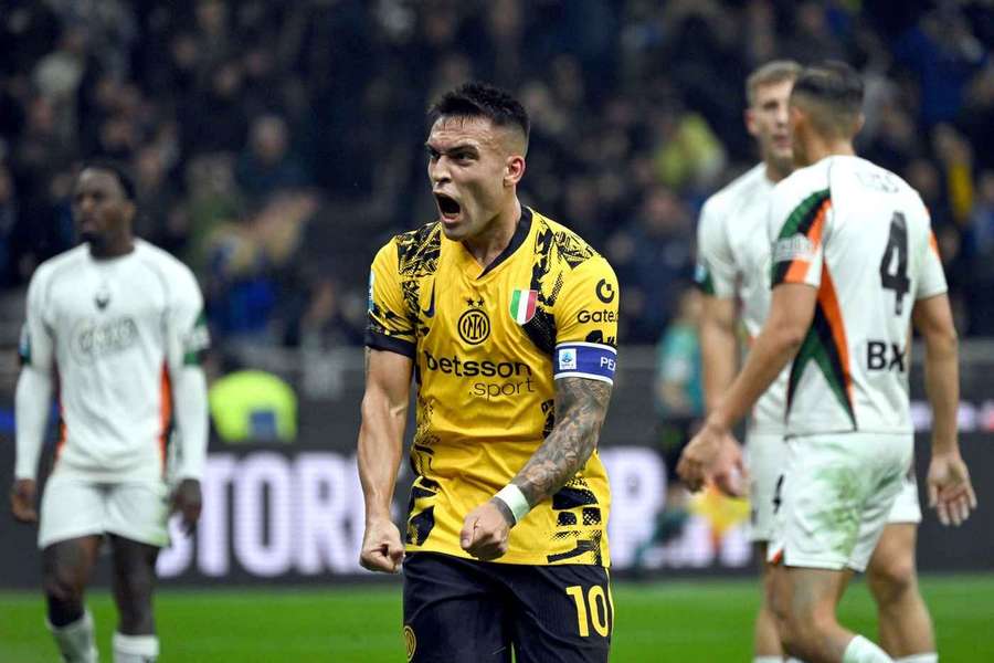 Inter Milan’s Lautaro Martinez celebrates after scoring 