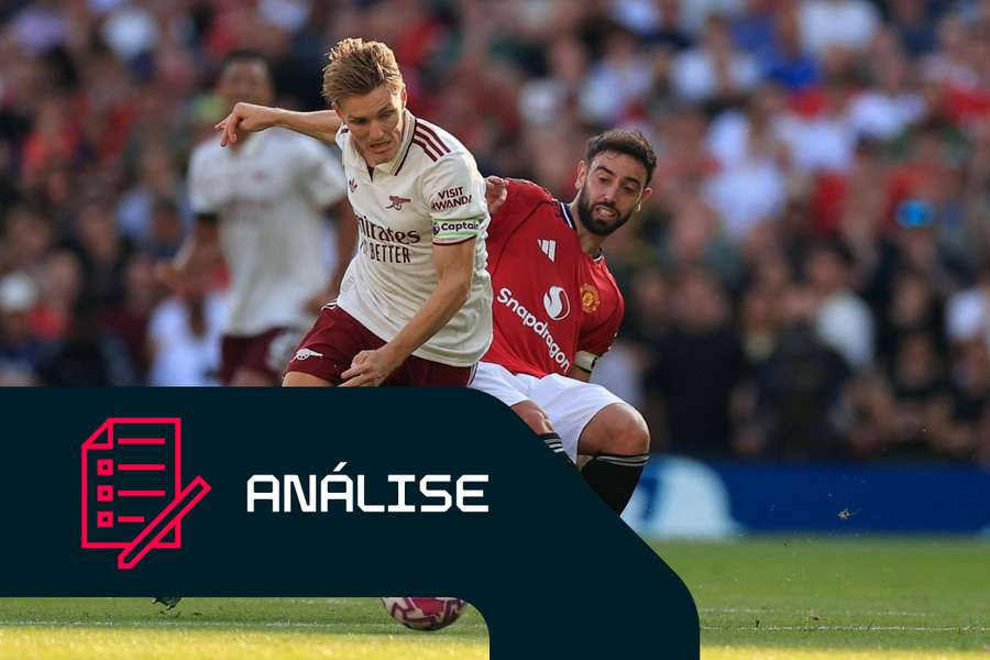 Martin Odegaard, do Arsenal, é pressionado por Bruno Fernandes, do Man Utd