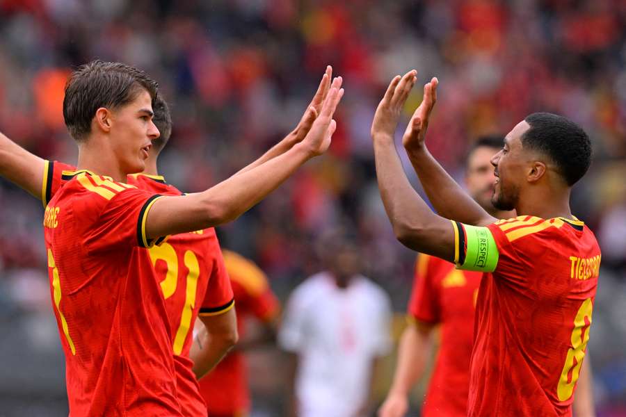 Belgium's Charles De Ketelaere (left) celebrates with Youri Tielemans after scoring Belgium's Charles De Ketelaere (left) celebrates with Youri Tielemans after scoring