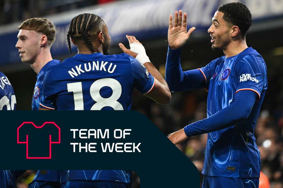 Chelsea defender Levi Colwill (right) celebrates with Christopher Nkunku