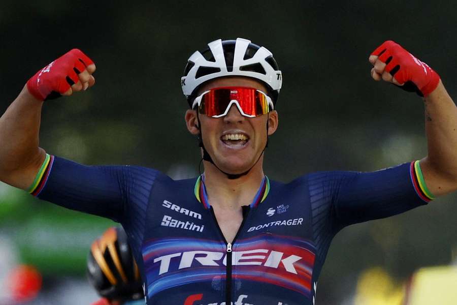 Mads Pedersen celebrates winning Stage 13 of the Tour