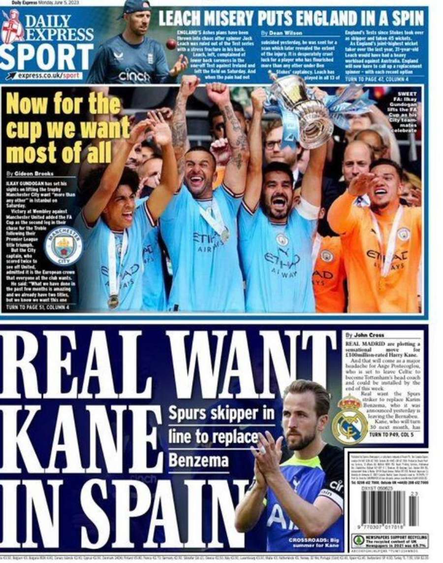 Notícia do Daily Express sobre Kane e o preço que o Tottenham está a pedir por ele