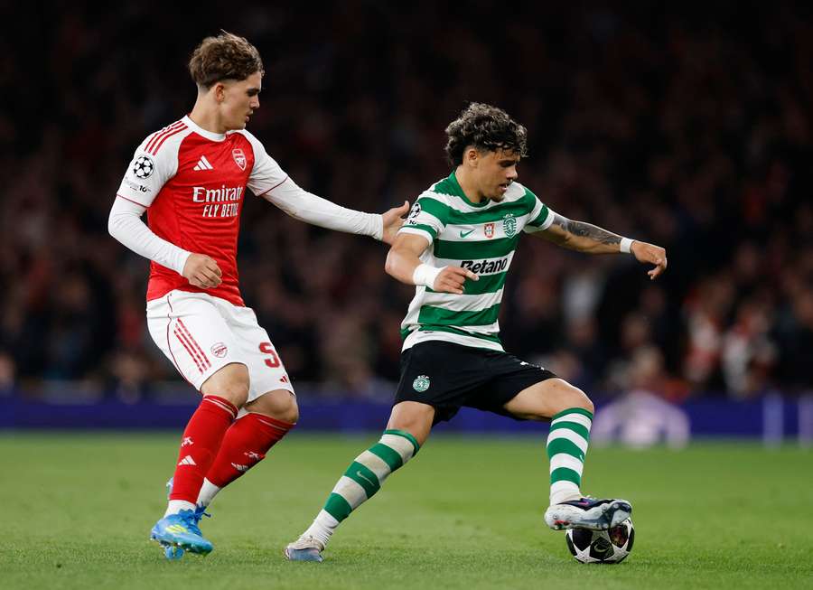 Max Dowman battles for the ball with Maximiliano Araujo