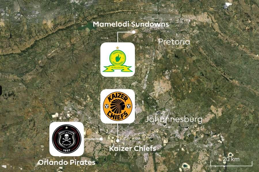 Johannesburg e Pretoria distano solo 60 chilometri l'una dall'altra; tutti e tre i maggiori club sudafricani sono anche rivali locali.