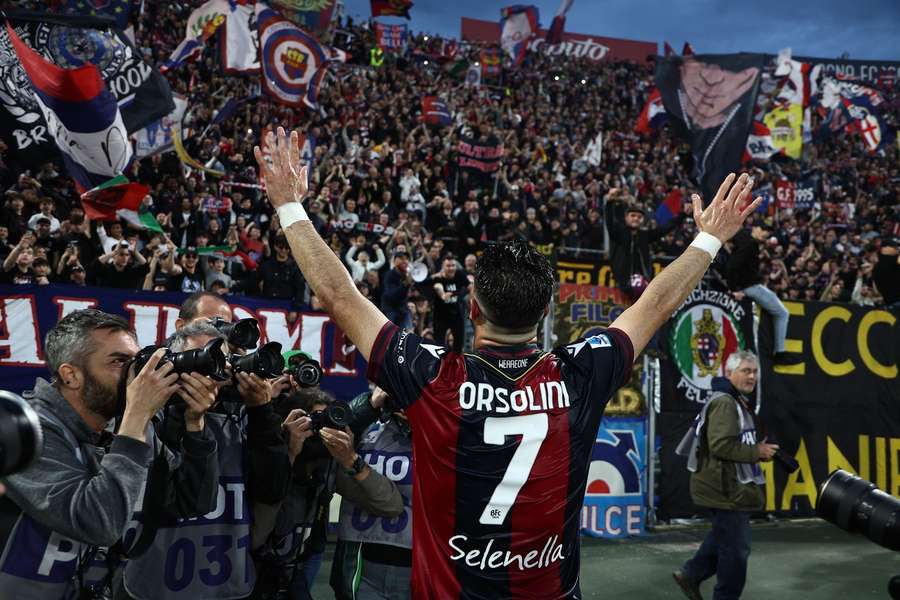 Riccardo Orsolini of Bologna shifts worship after scoring the winner in a 1-0 win over Inter on April 20 Riccardo Orsolini of Bologna shifts worship after scoring the winner in a 1-0 win over Inter on April 20