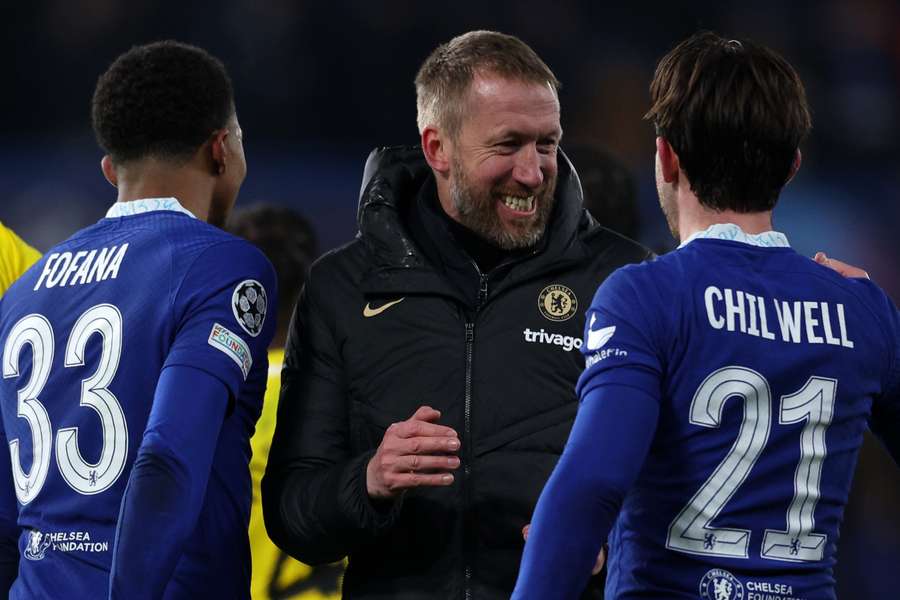 Chelsea's Graham Potter celebrates in midweek at Stamford Bridge