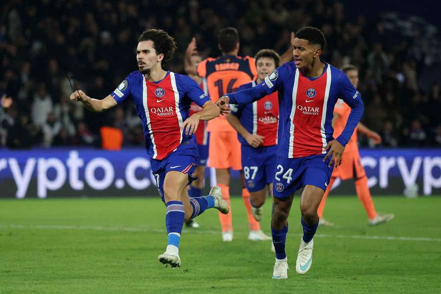 Paris Saint-Germain's Vitinha celebrates scoring their third goal Paris Saint-Germain's Vitinha celebrates scoring their third goal