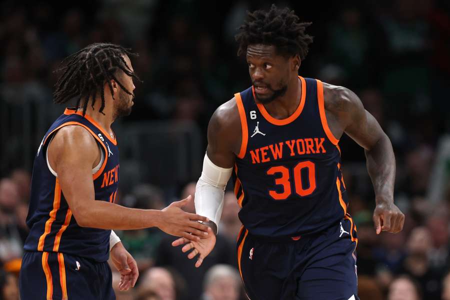 Julius Randle #30 of the New York Knicks and Jalen Brunson #11 celebrate during the second half against the Boston Celtics 