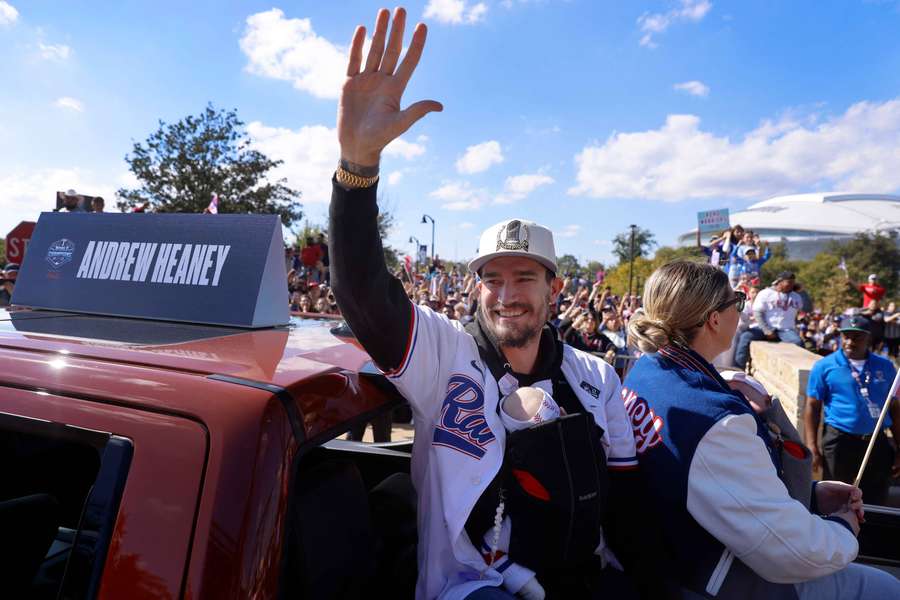 Andrew Heaney during the Texas Rangers' World Series parade (2023)