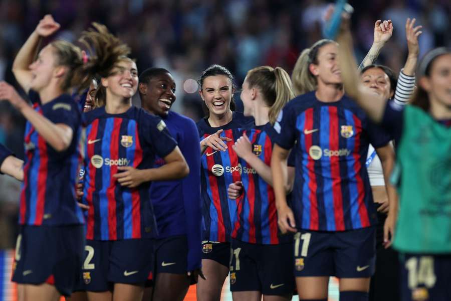 Barcelona's Ingrid Syrstad Engen (centre) and team-mates celebrate at full-time