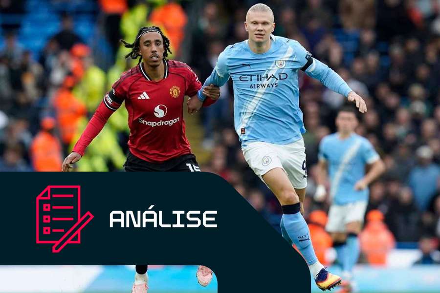 Leny Yoro, do Manchester United, e Erling Haaland, do Manchester City, disputam a bola