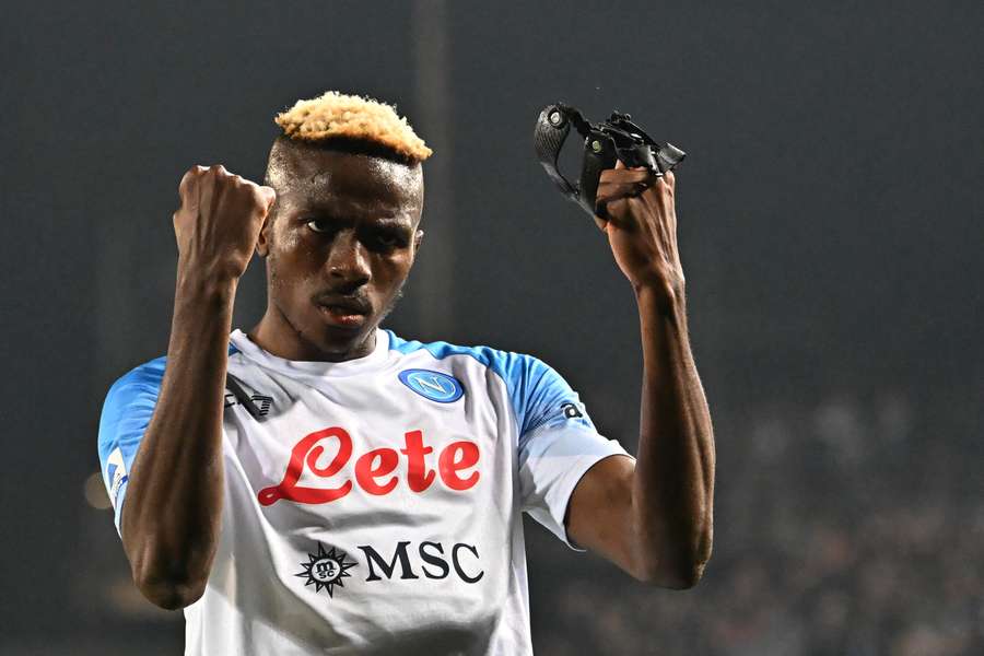 Napoli's Nigerian forward Victor Osimhen reacts as he celebrates after scoring