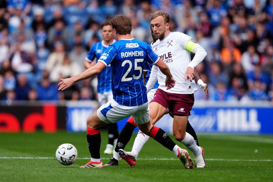Rangers' Tuur Rommens and West Ham United's Jarrod Bowen in action Rangers' Tuur Rommens and West Ham United's Jarrod Bowen in action