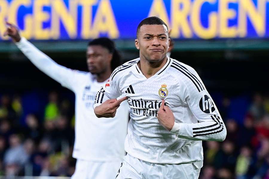 Real Madrid's Kylian Mbappe celebrates after scoring their second goal against Villarreal