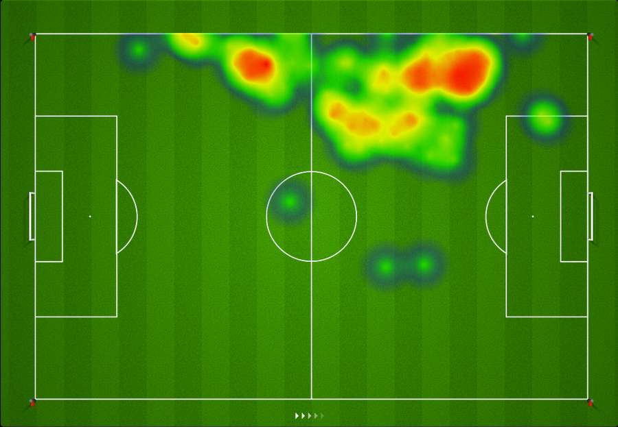 Mapa de calor de Álvaro Carreras en la primera parte del Real Madrid-Osasuna