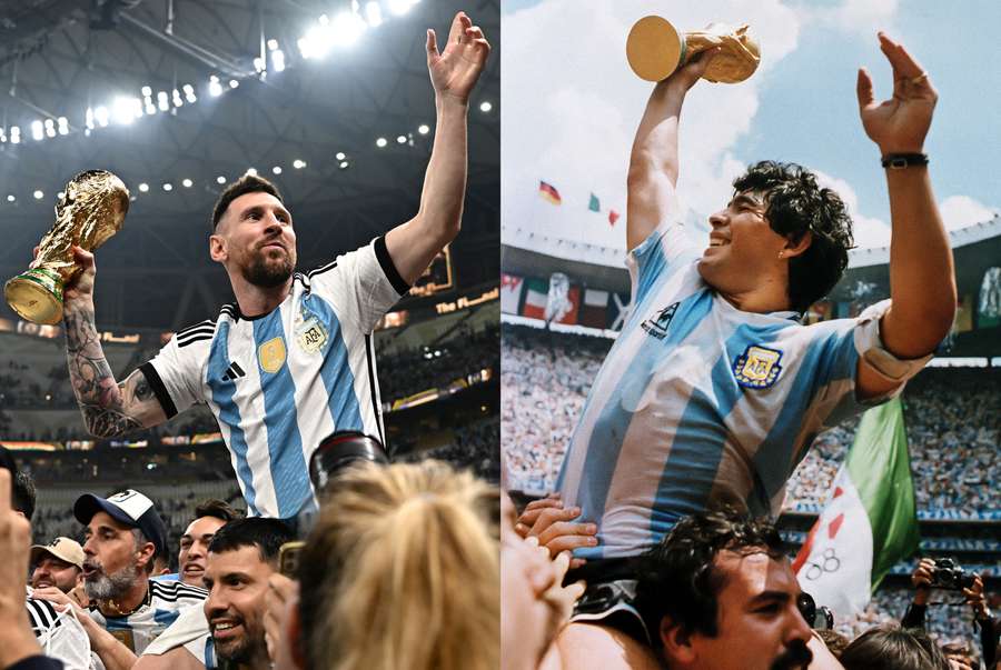Messi (2022) como Maradona (1986), erguido aos céus de Doha