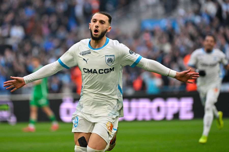 Marseille's Amine Gouiri celebrates after he scored his team's first goal against St Etienne