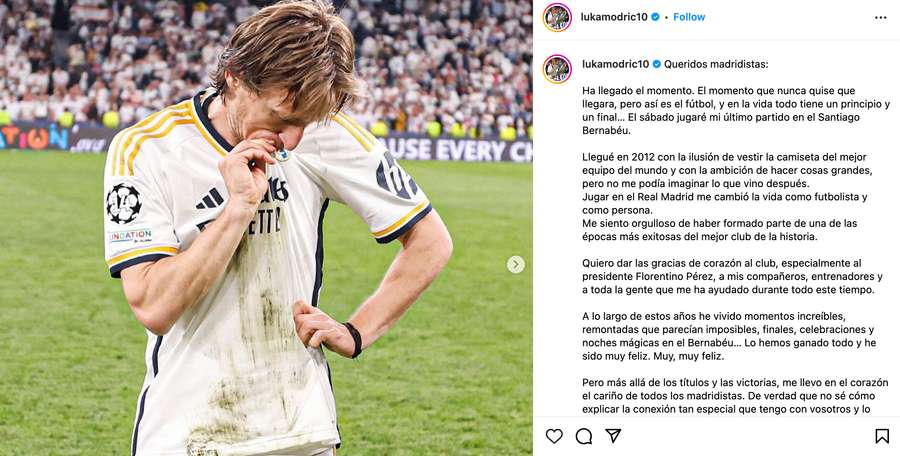 El post de Modric anunciando su adiós al Real Madrid