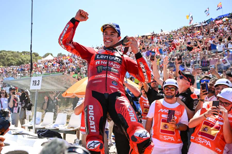 Ducati Lenovo Team's Spanish rider Marc Marquez celebrates after winning the sprint at the Jerez racetrack