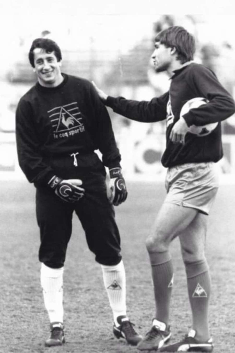 Biurrun, con Julio Salinas, en un entrenamiento con la selección española